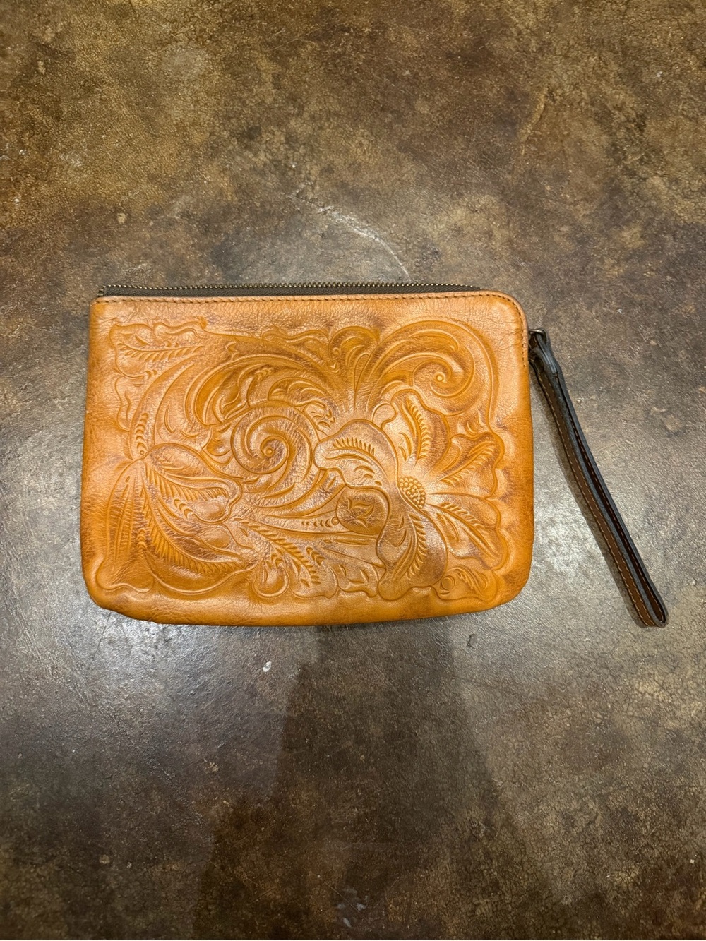Patricia Nash Hand-Tooled Floral Leather Wristlet - Cognac Brown